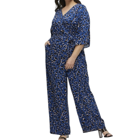 Eloquii Pants - Eloquii Blue Leopard Print Jumpsuit